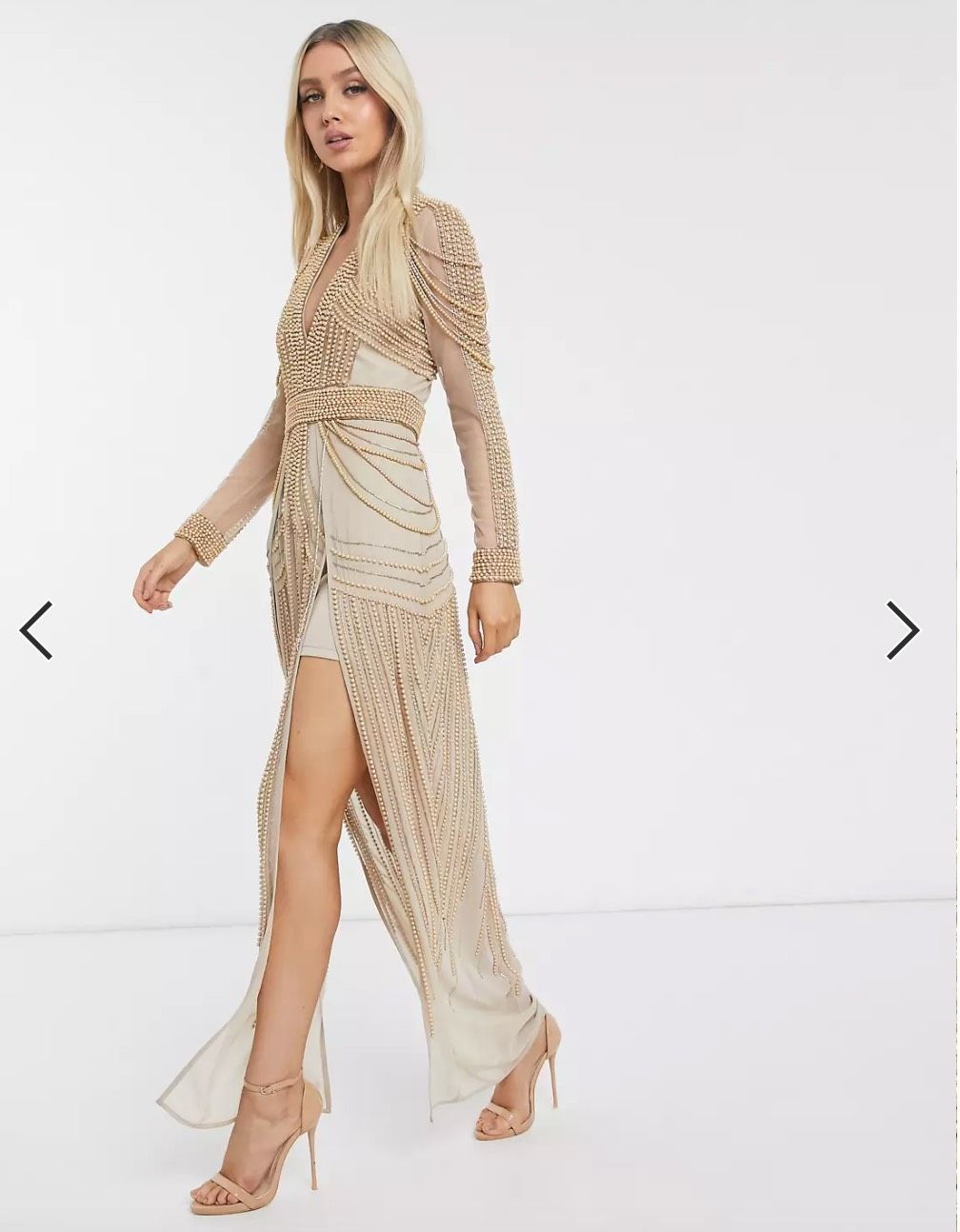 Asos Design Size 4 Prom Long Sleeve Nude Side Slit Dress