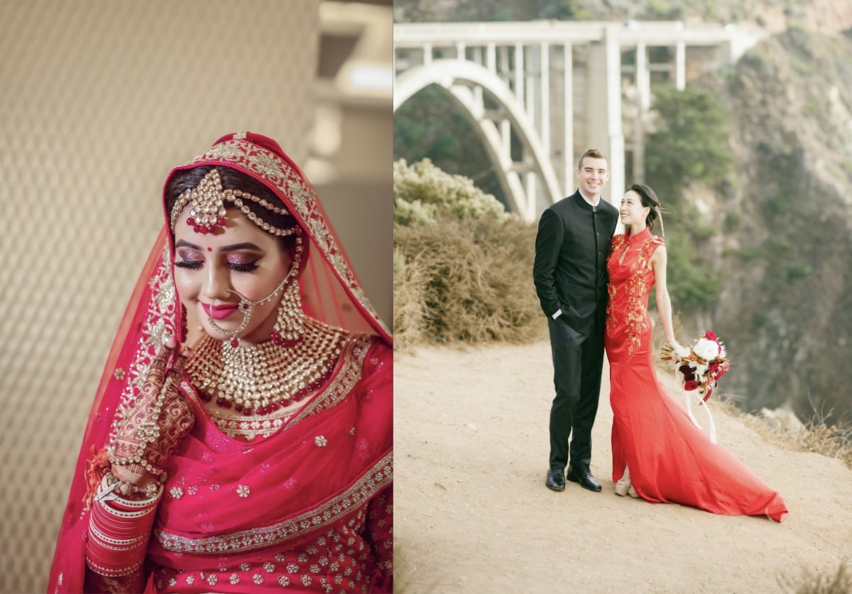 Around the world, especially in eastern Asian cultures, it is common for brides to be dressed in wedding dresses of all colors. In both India and China, brides often wear the color red on their wedding day to represent good luck and auspiciousness!
