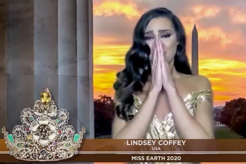 Lindsey Coffey at her crowning and winning moment during the Miss Earth 2020 virtual pageant