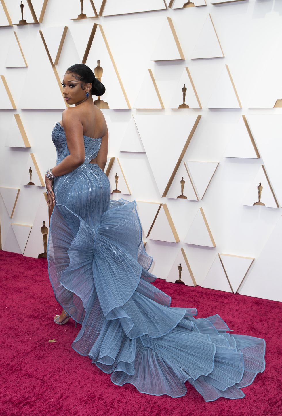 Megan the Stallion 2022 oscars ABCGETTY IMAGES Wearing a sculptural and intricate strapless gown.
