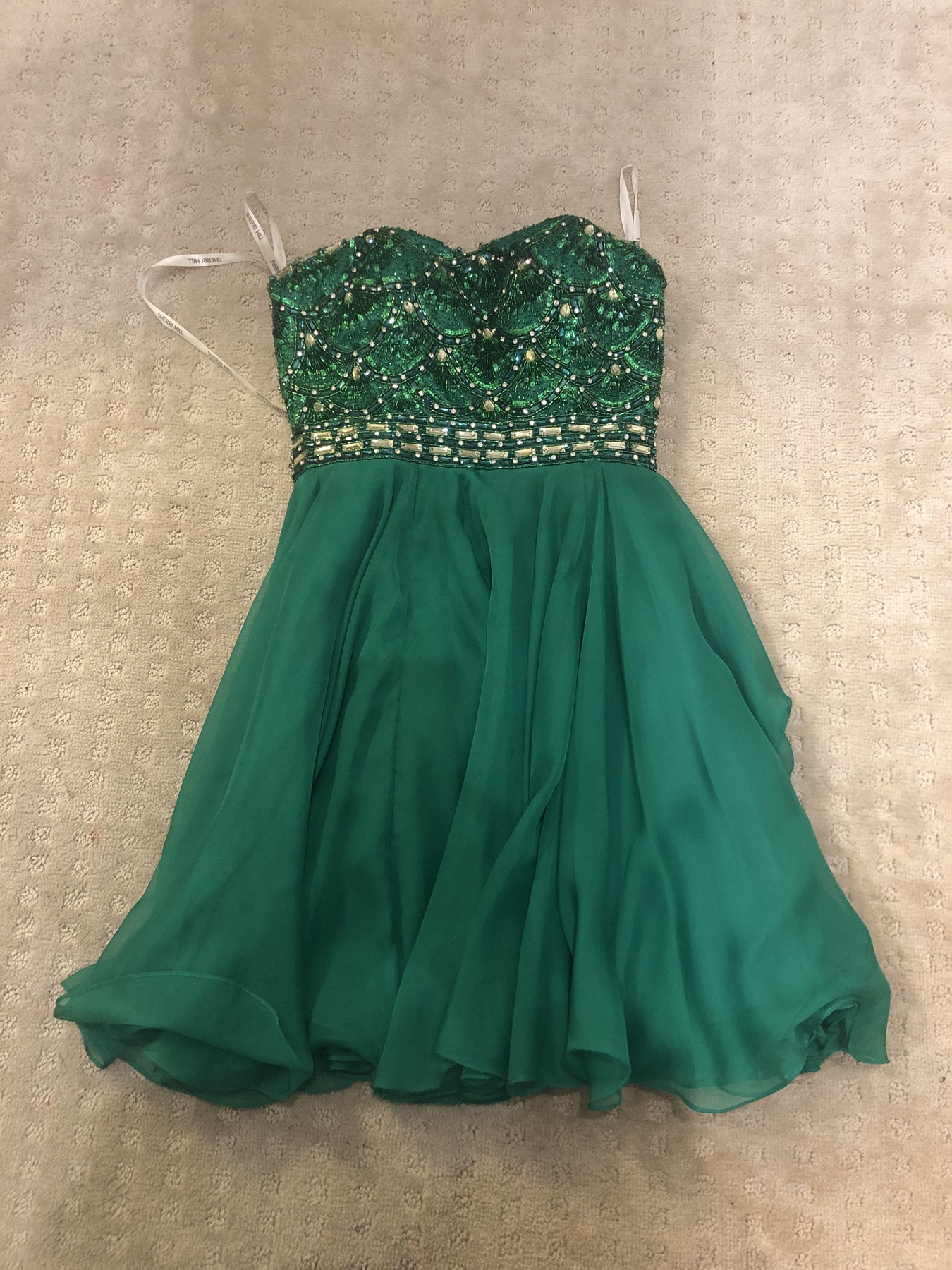 Sherri Hill Size 0 Strapless Sequined Green A-line Dress on Queenly