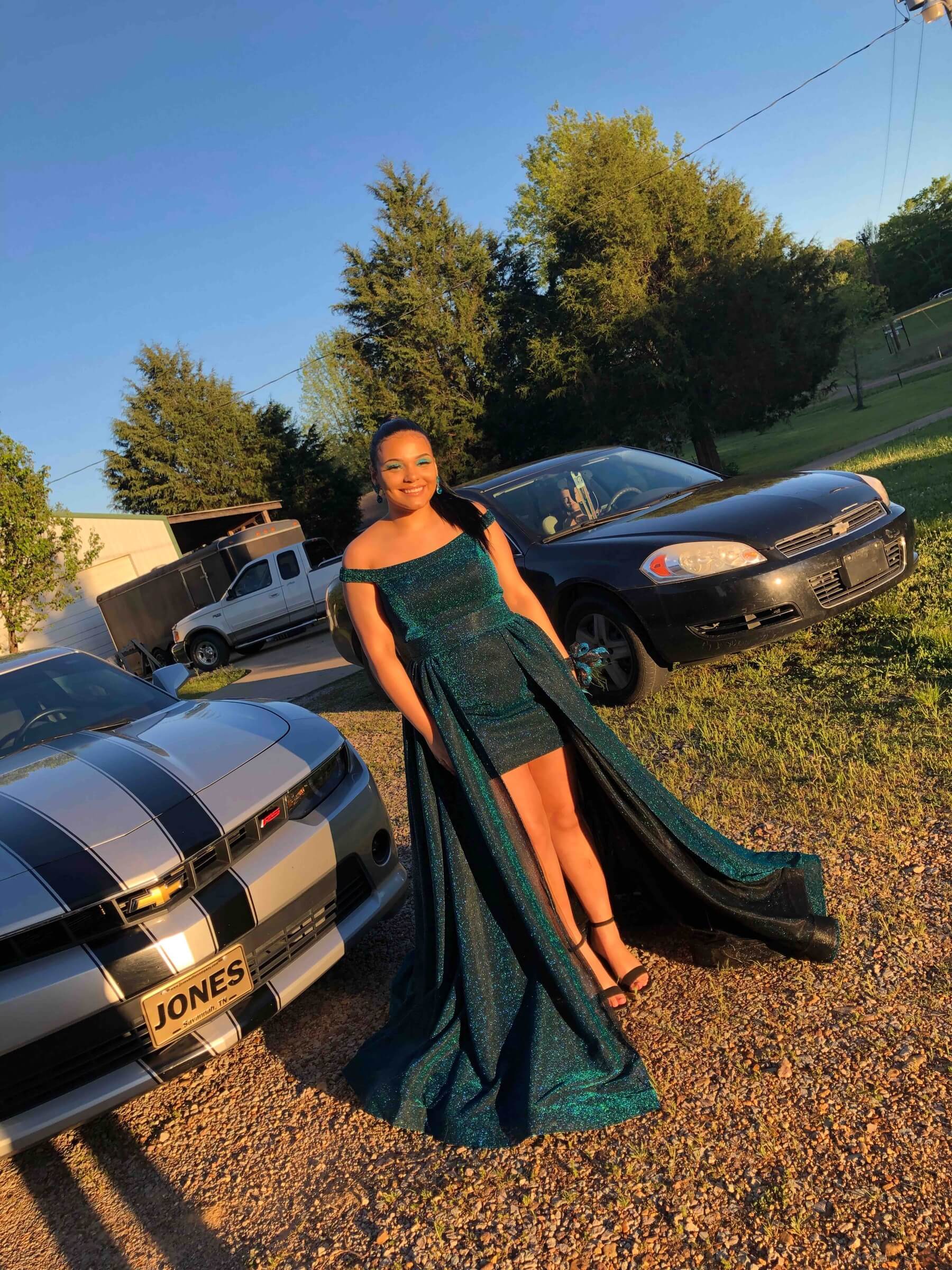 Madison James Size 10 Prom Off The Shoulder Green A-line Dress on Queenly