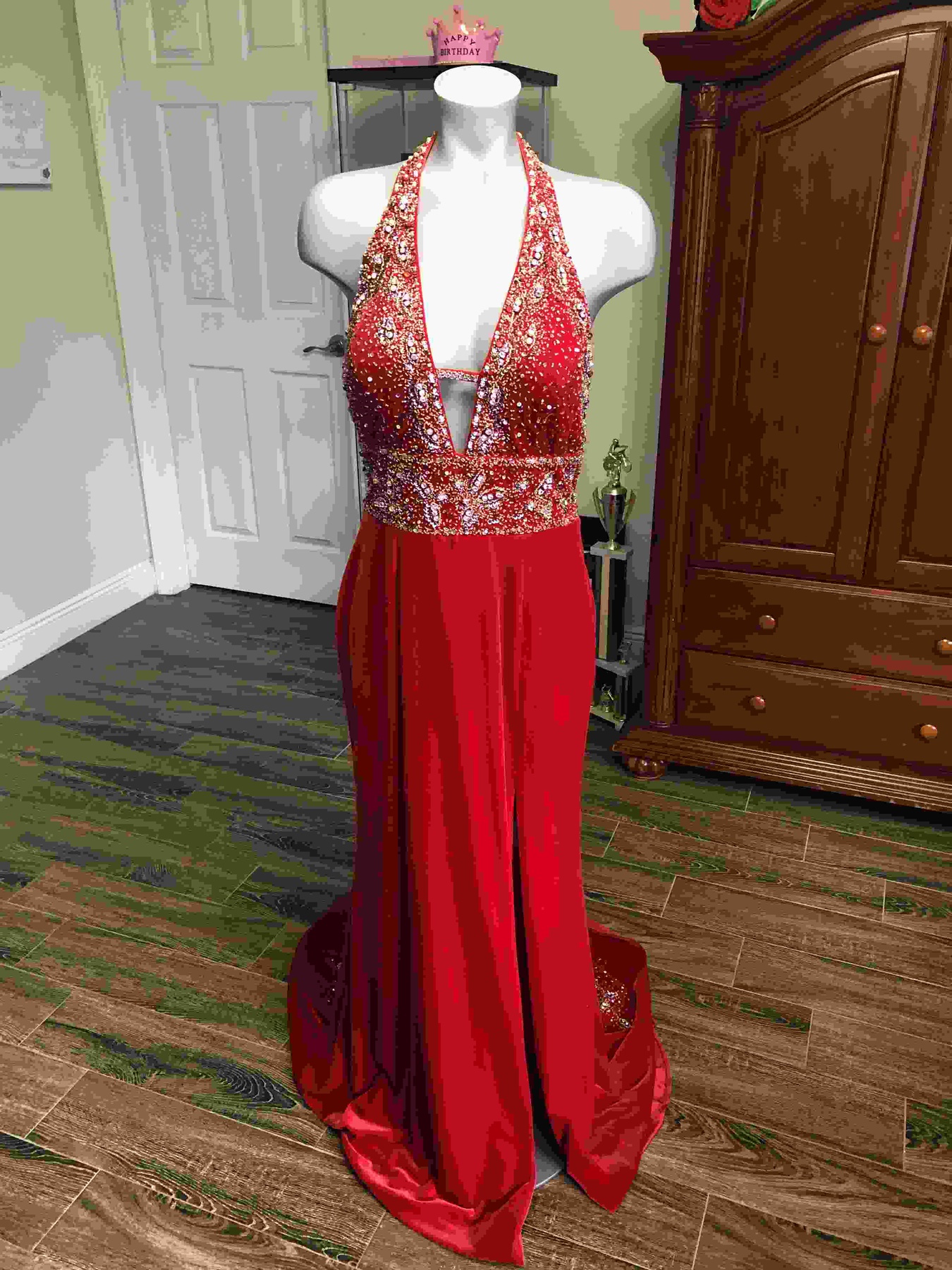 Size 10 Pageant Plunge Velvet Red Side Slit Dress on Queenly