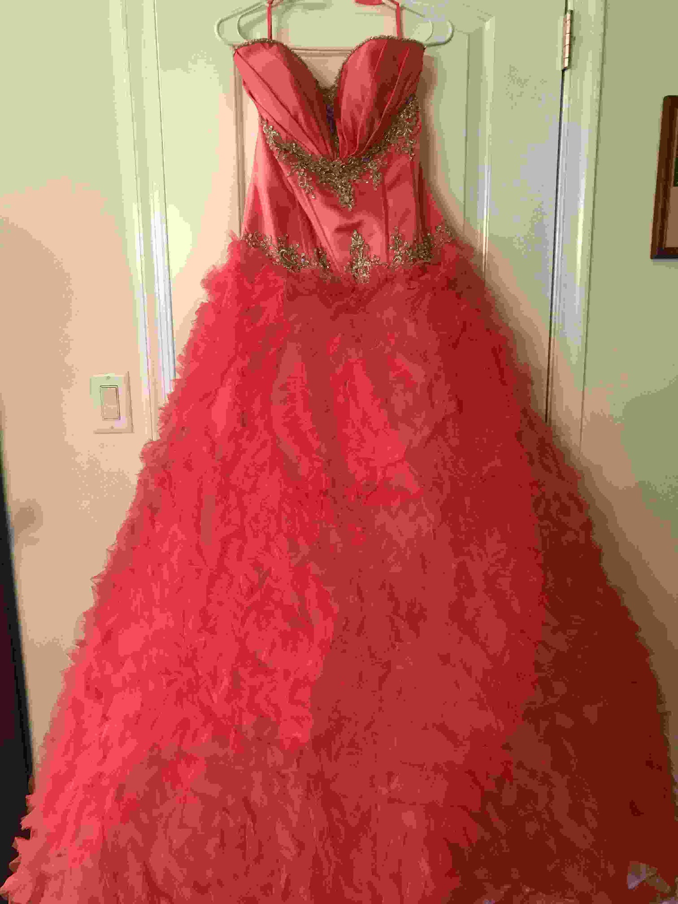Size 8 Strapless Lace Red Ball Gown on Queenly