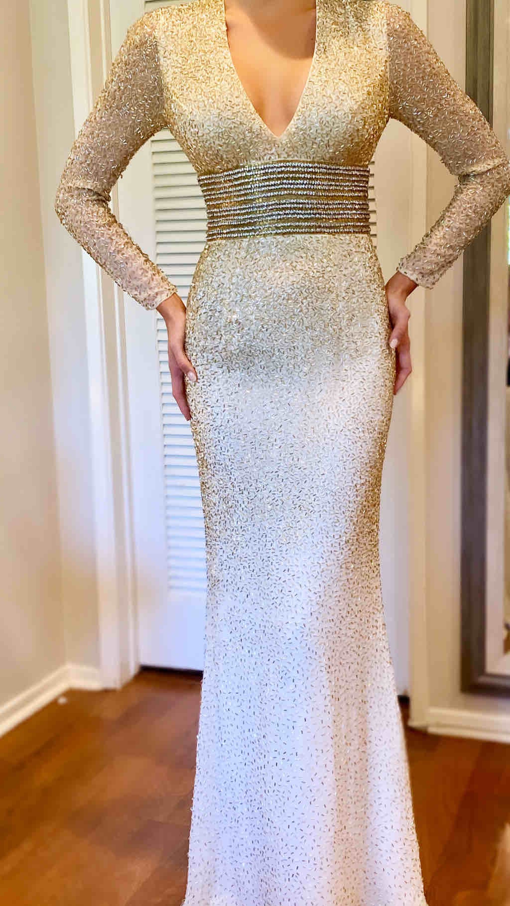 Jovani Size 0 Prom Long Sleeve Sequined White Floor Length Maxi on Queenly