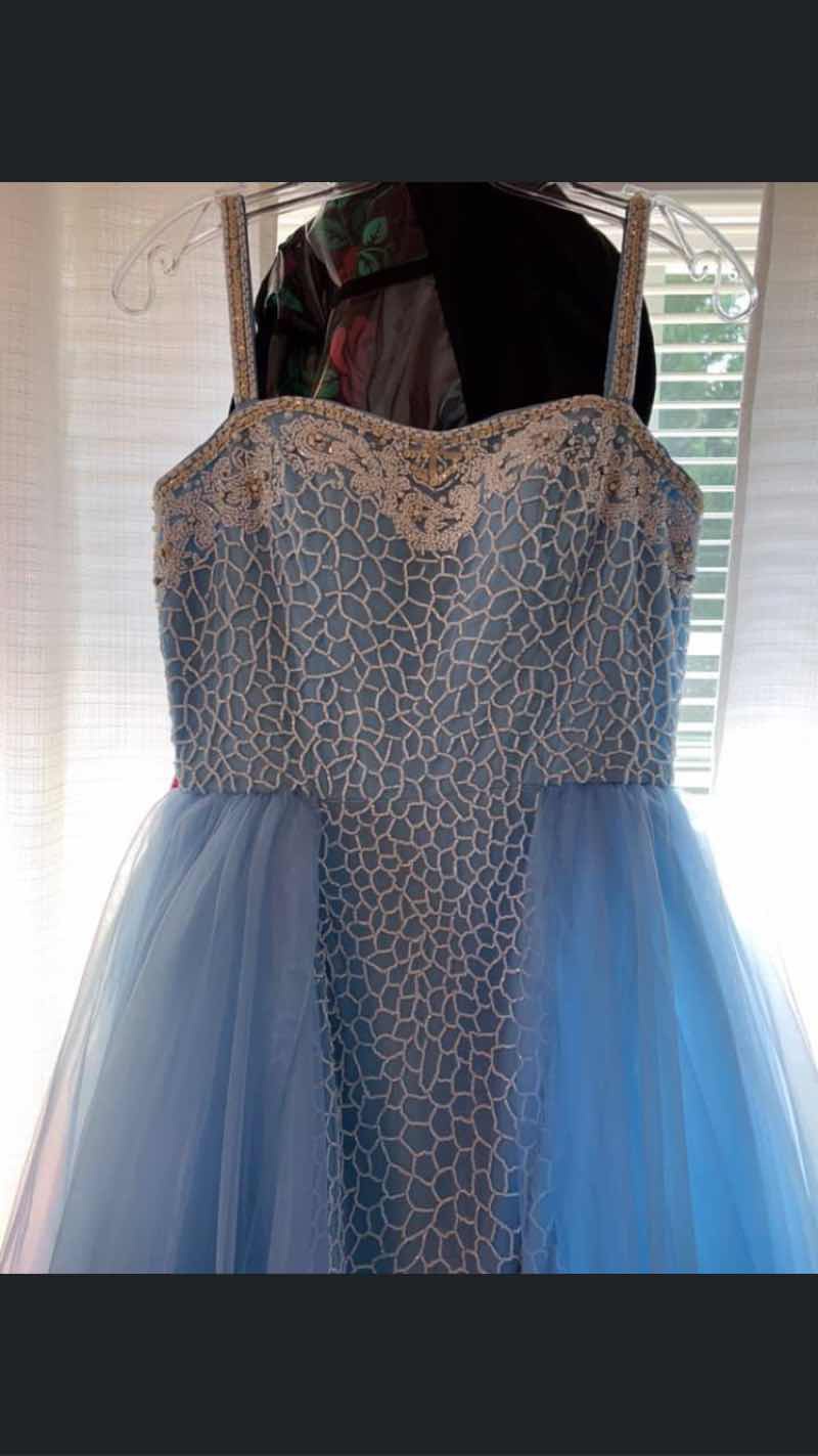 Sherri Hill Blue Size 4 Tulle Train Spaghetti Strap Straight Dress on Queenly