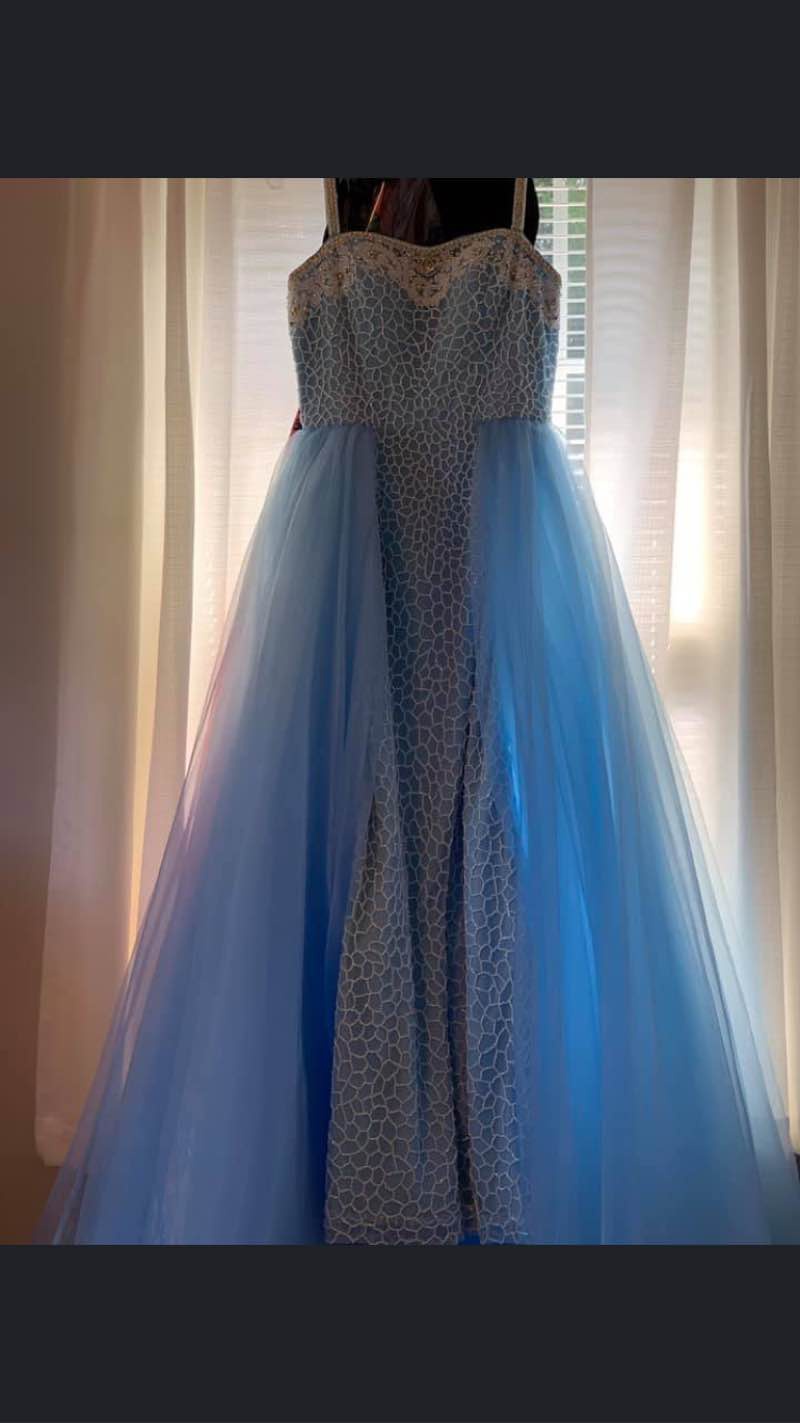 Sherri Hill Blue Size 4 Tulle Train Spaghetti Strap Straight Dress on Queenly