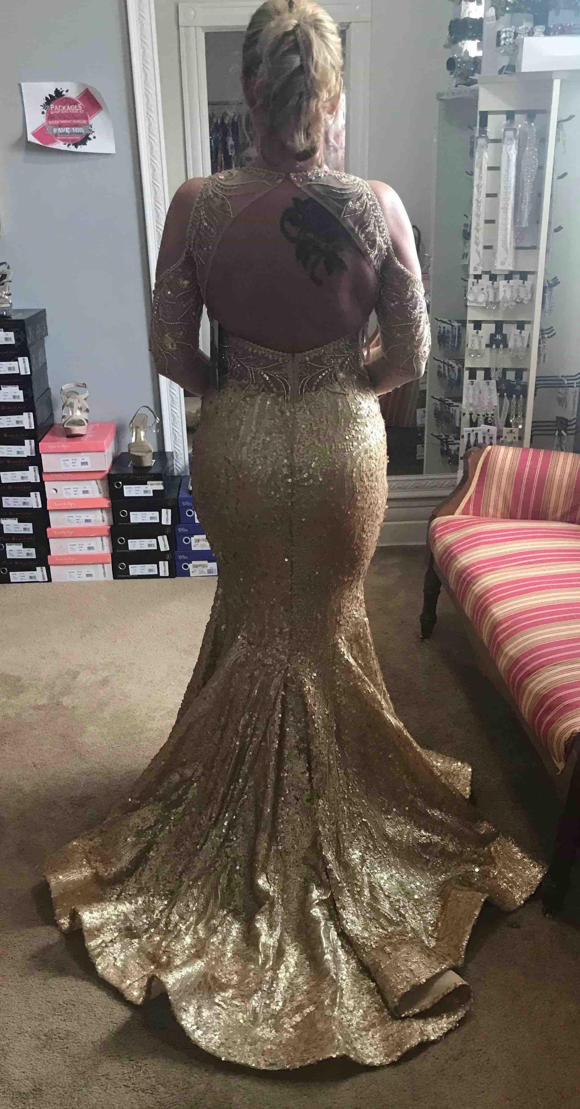Johnathan Kayne Size 10 Prom Long Sleeve Lace Gold Mermaid Dress on Queenly