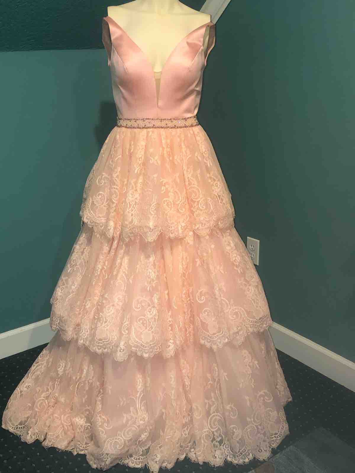Size 0 Prom Plunge Lace Light Pink Ball Gown on Queenly