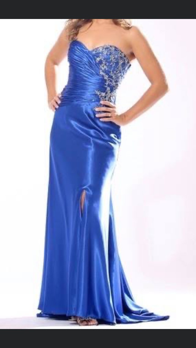 Size 8 Prom Strapless Satin Blue Side Slit Dress on Queenly