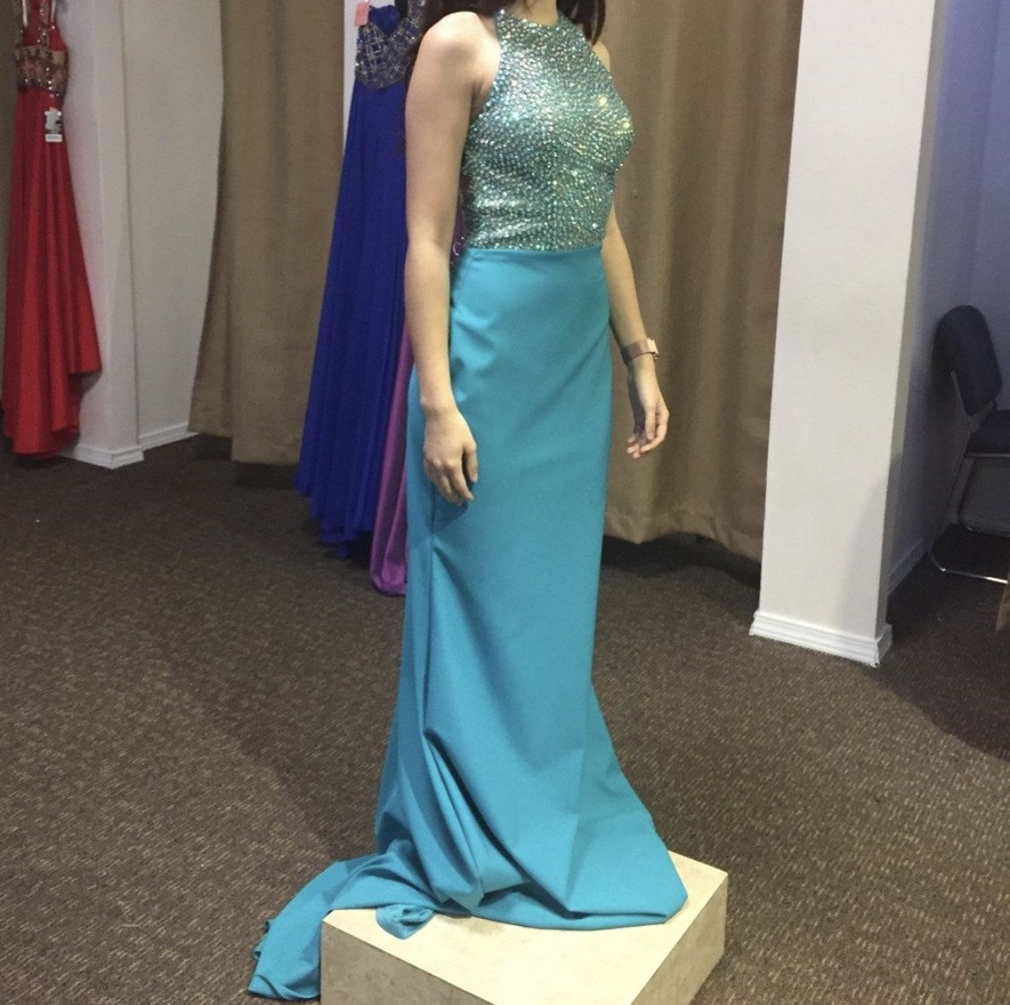 Size 2 Prom Halter Sequined Light Blue Floor Length Maxi on Queenly