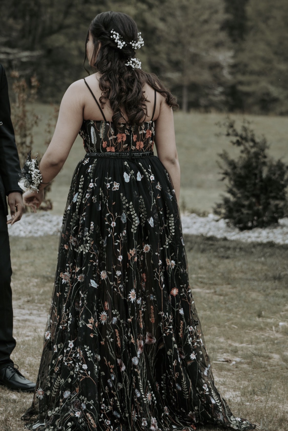 Black Floral Lace & Satin Classy Long Formal Dress - Promfy