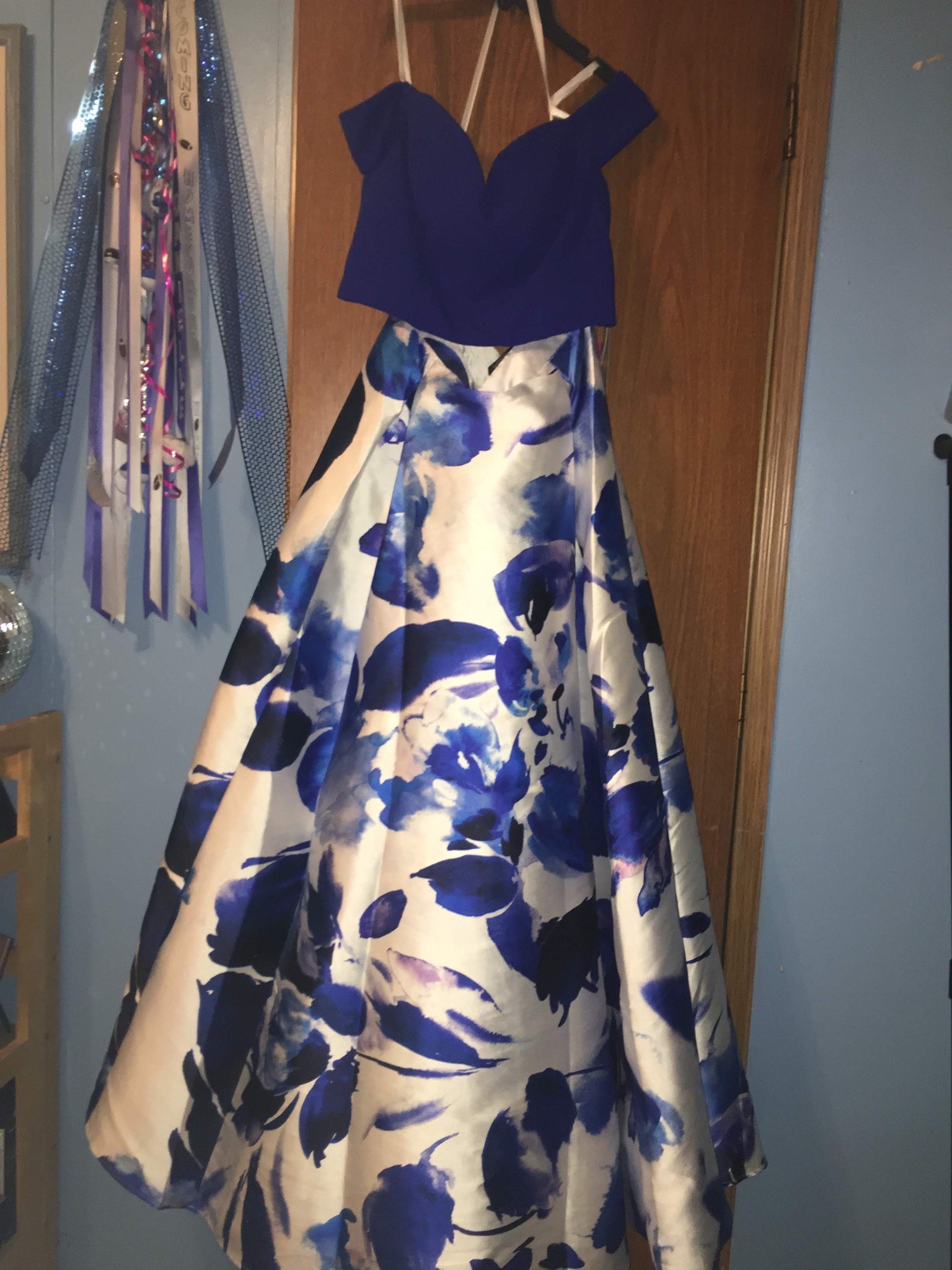 B. Darlin Size 14 Prom Floral Royal Blue Ball Gown on Queenly