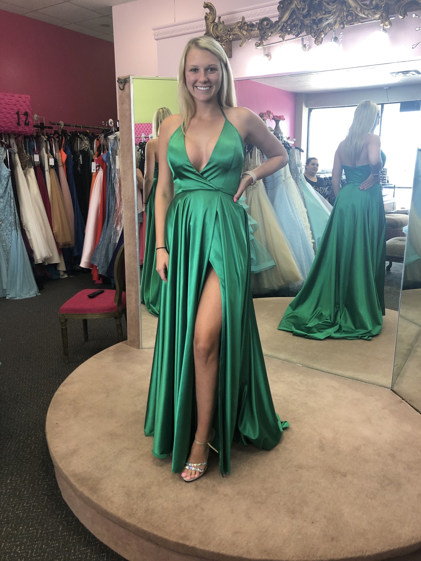 Size 6 Prom Plunge Satin Green Side Slit Dress on Queenly