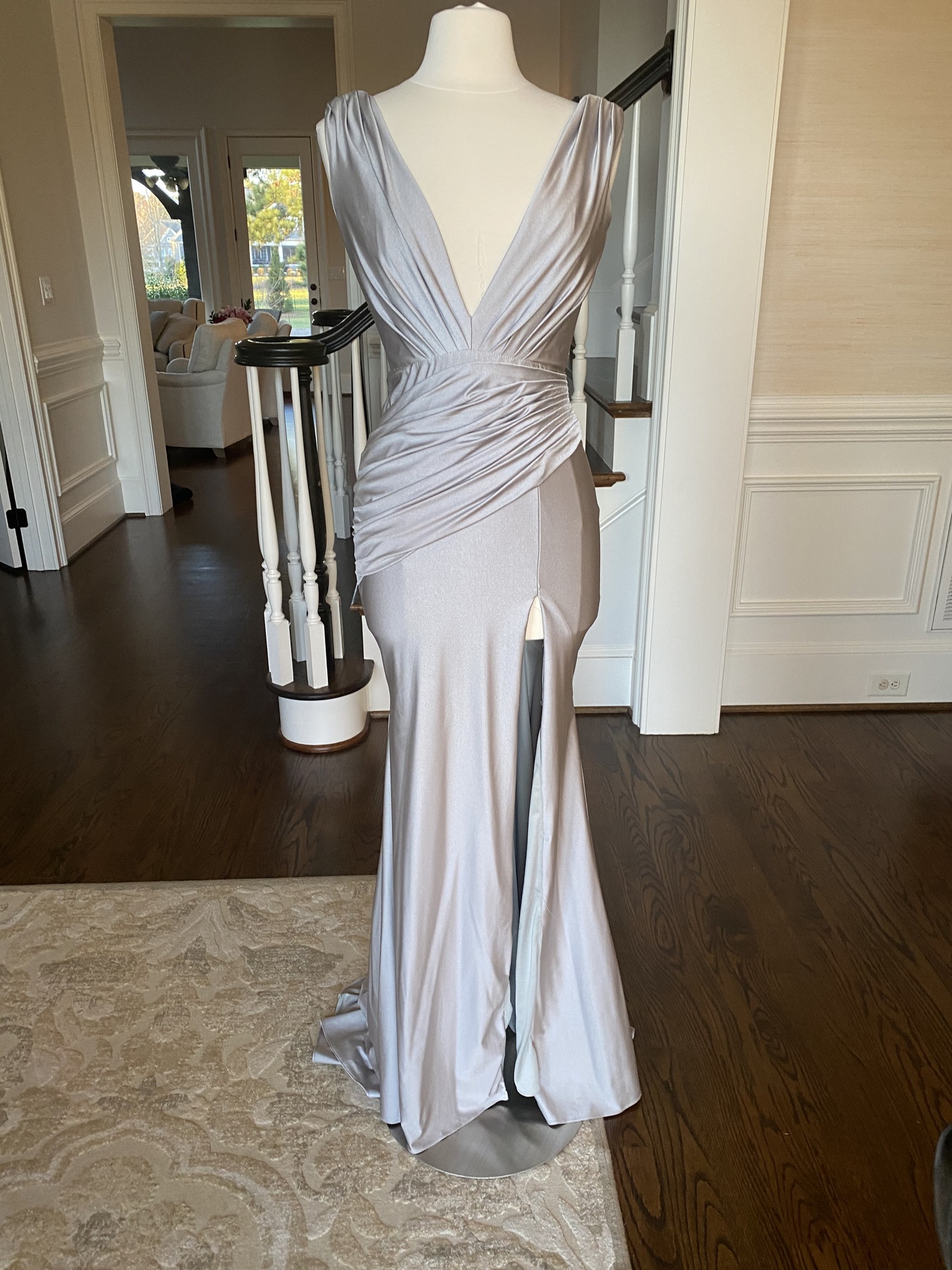 Jovani Size 6 Plunge Satin Silver Side Slit Dress on Queenly