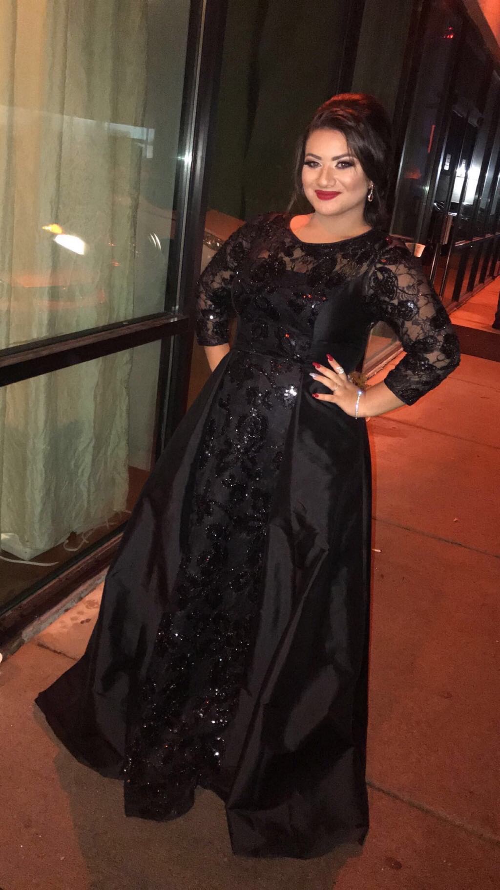 Size 12 Prom Long Sleeve Lace Black Ball Gown on Queenly