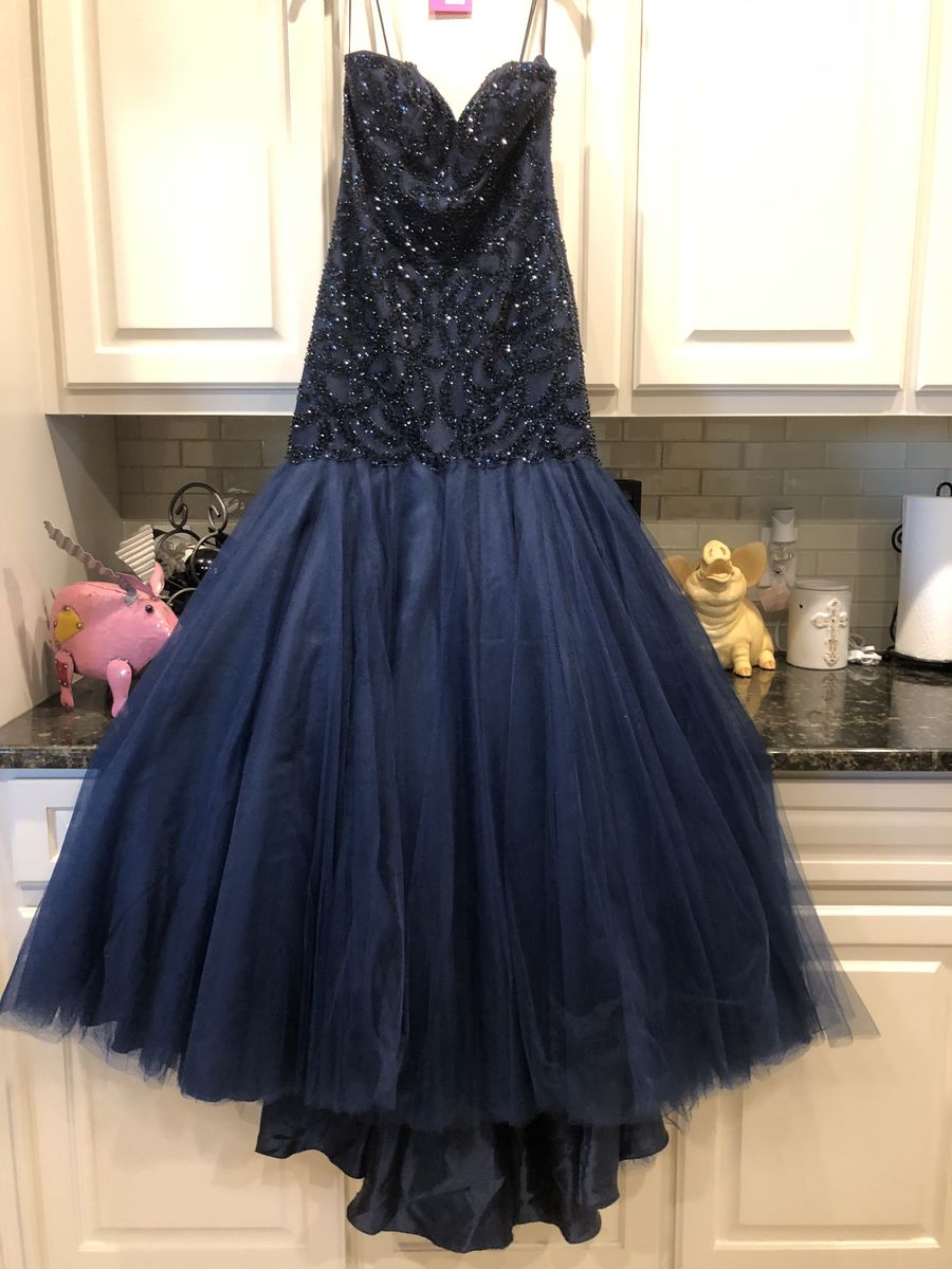Size 6 Strapless Sequined Navy Blue Mermaid Dress on Queenly