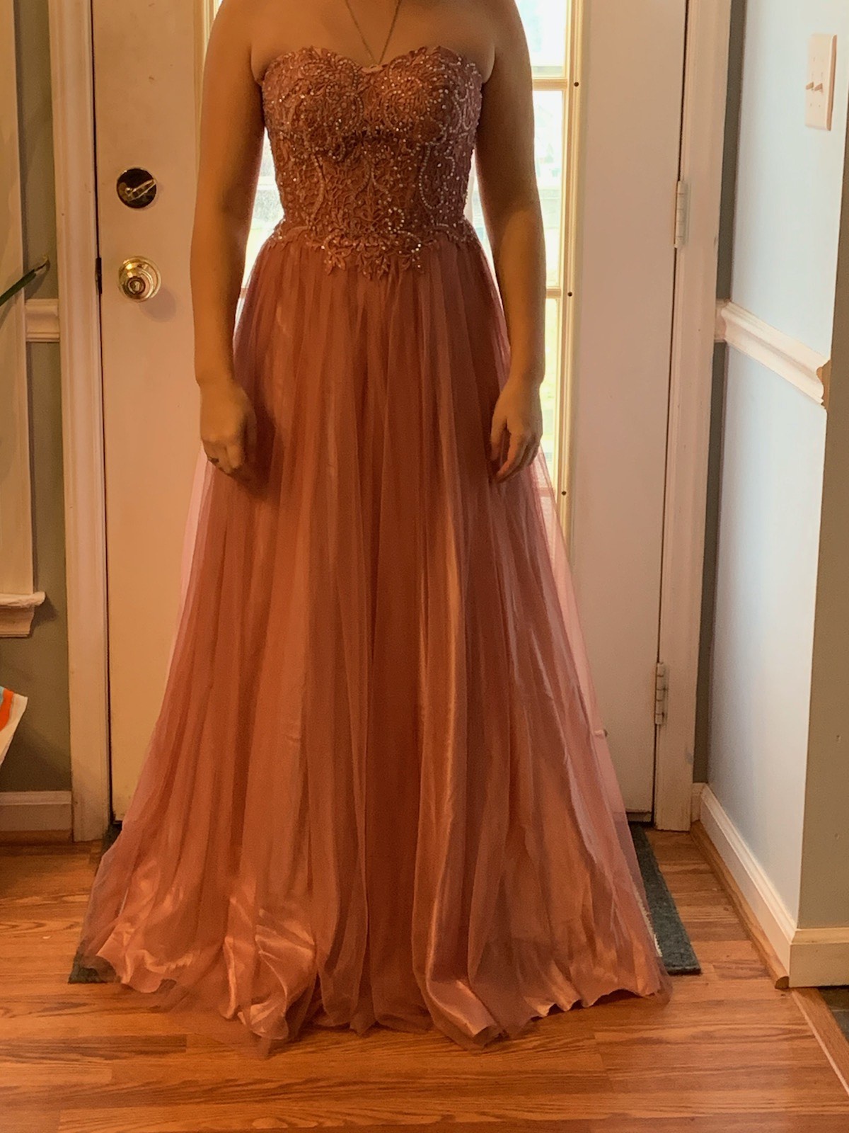 Camille La Vie Girls Size 3 Prom Strapless Lace Coral Ball Gown on Queenly