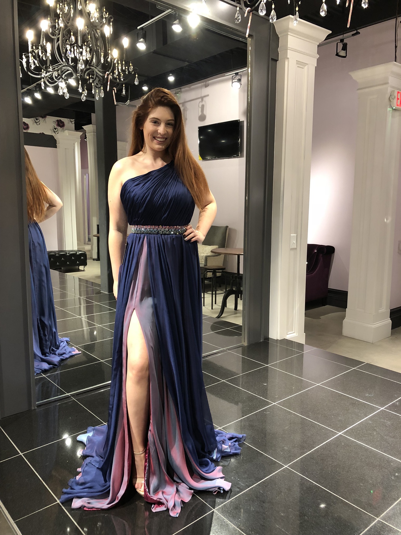 Jovani Size 4 Prom One Shoulder Sequined Navy Blue Side Slit Dress on Queenly