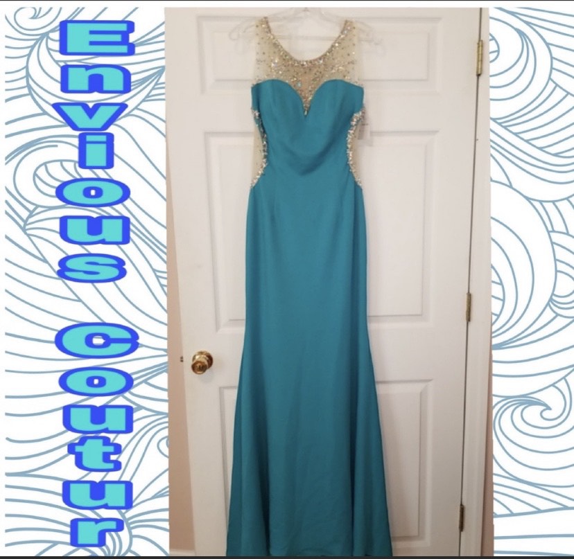 Size 14 Prom Sheer Blue Dress With Train on Queenly