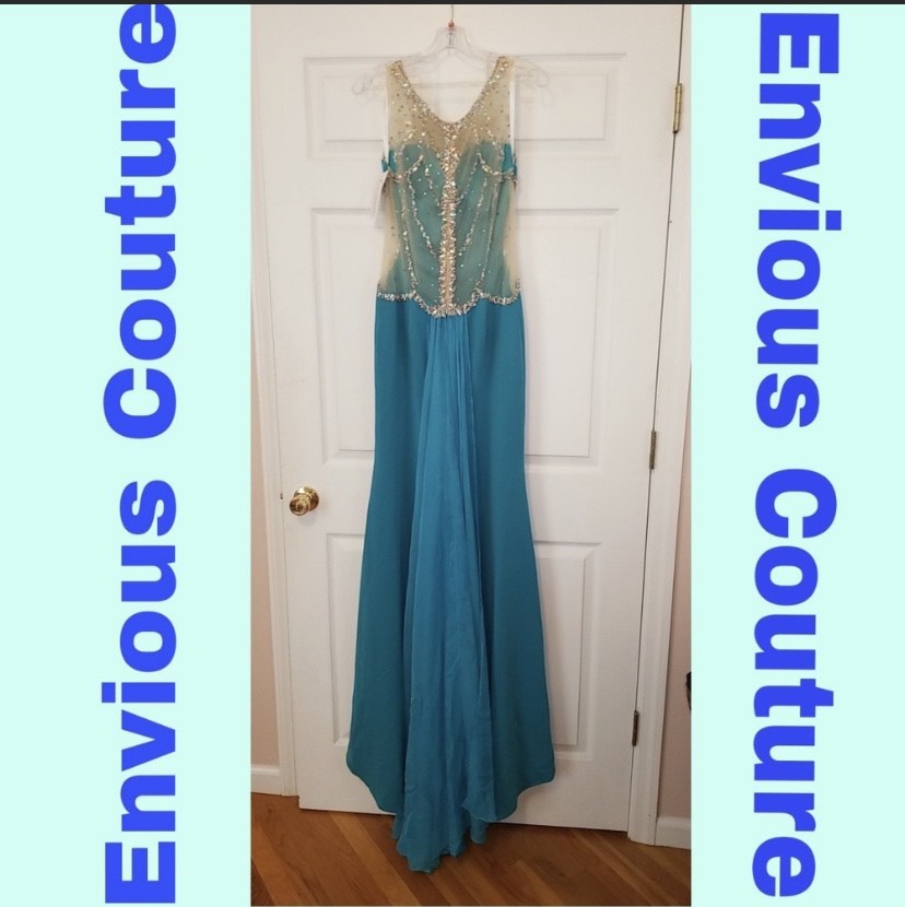 Size 14 Prom Sheer Blue Dress With Train on Queenly