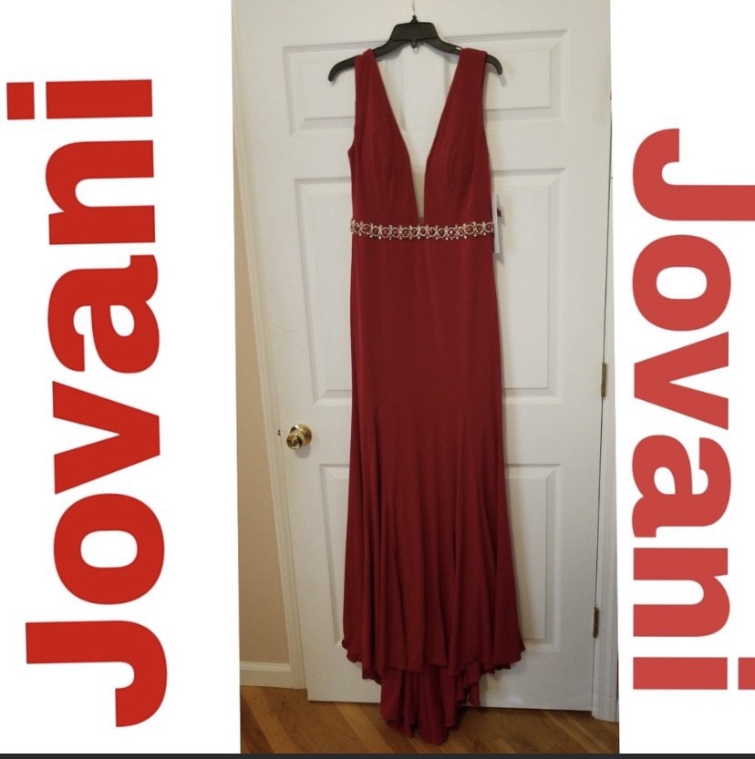 Size 14 Prom Plunge Sheer Red Floor Length Maxi on Queenly