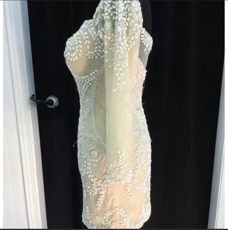 Angela and Alison Size 6 Homecoming Long Sleeve Nude Cocktail Dress on Queenly