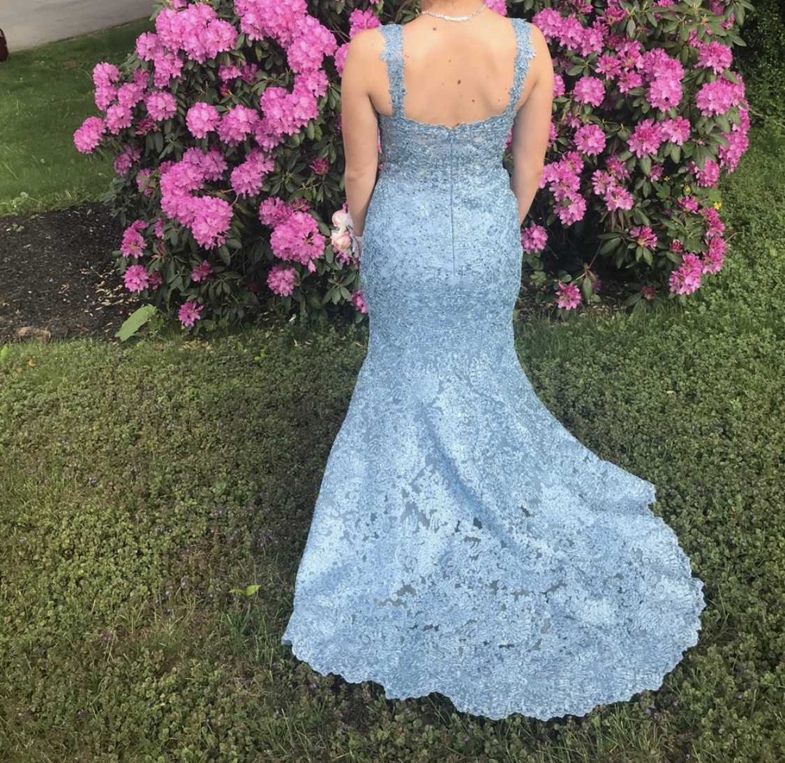 Sherri Hill Size 8 Prom Lace Blue Mermaid Dress on Queenly