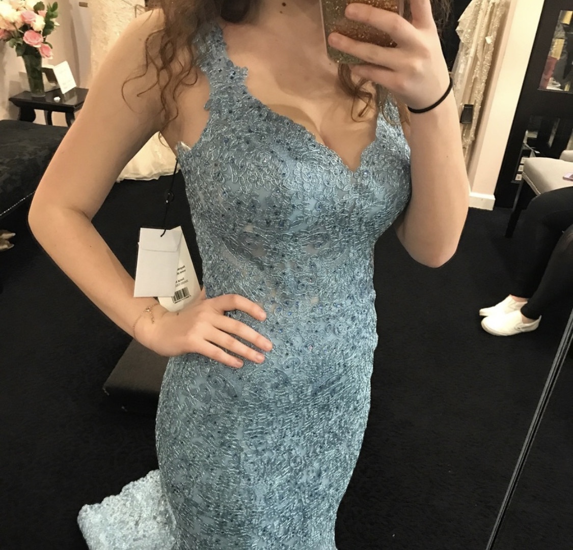 Sherri Hill Size 8 Prom Lace Blue Mermaid Dress on Queenly