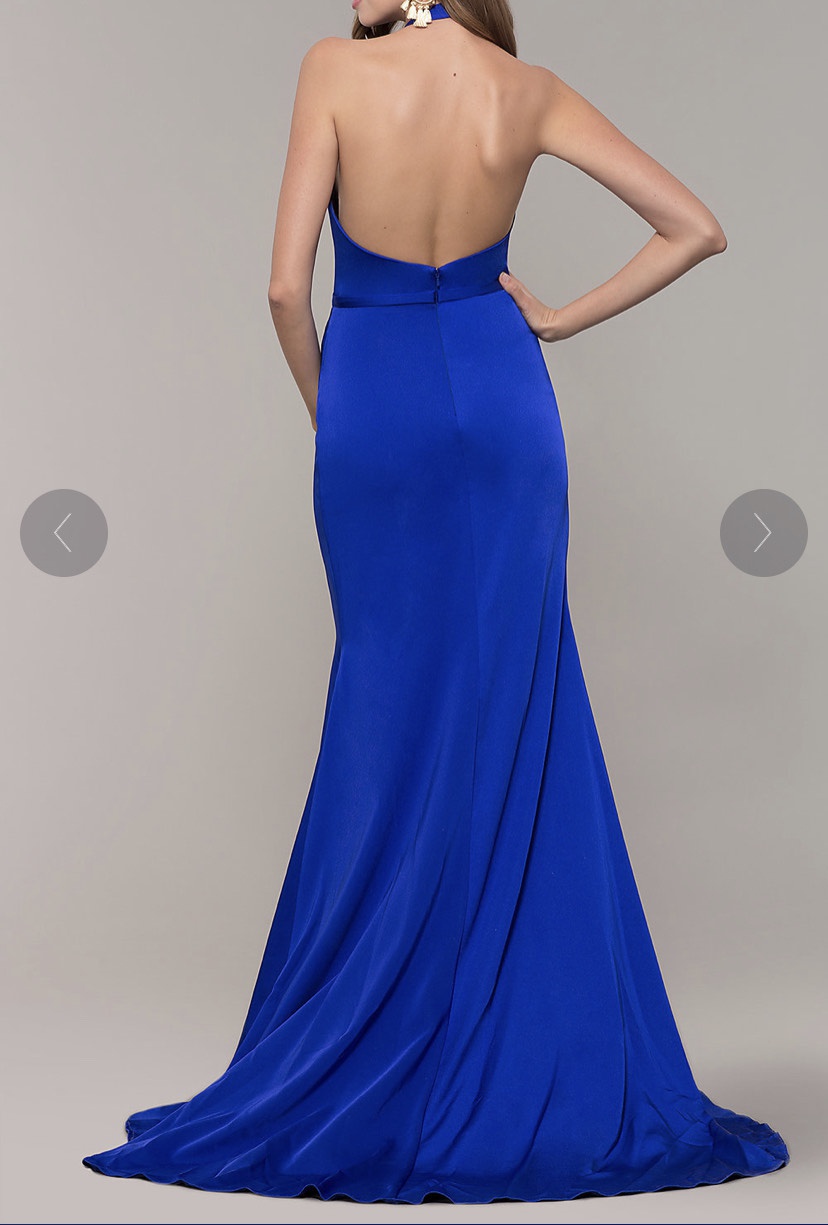 Terani Couture Size 8 Prom Halter Satin Royal Blue Dress With Train on Queenly