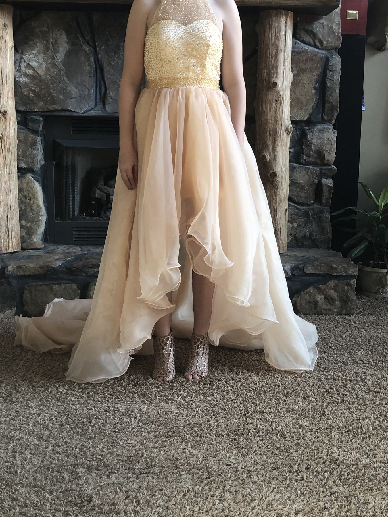Size 6 Prom Halter Gold Dress With Train on Queenly