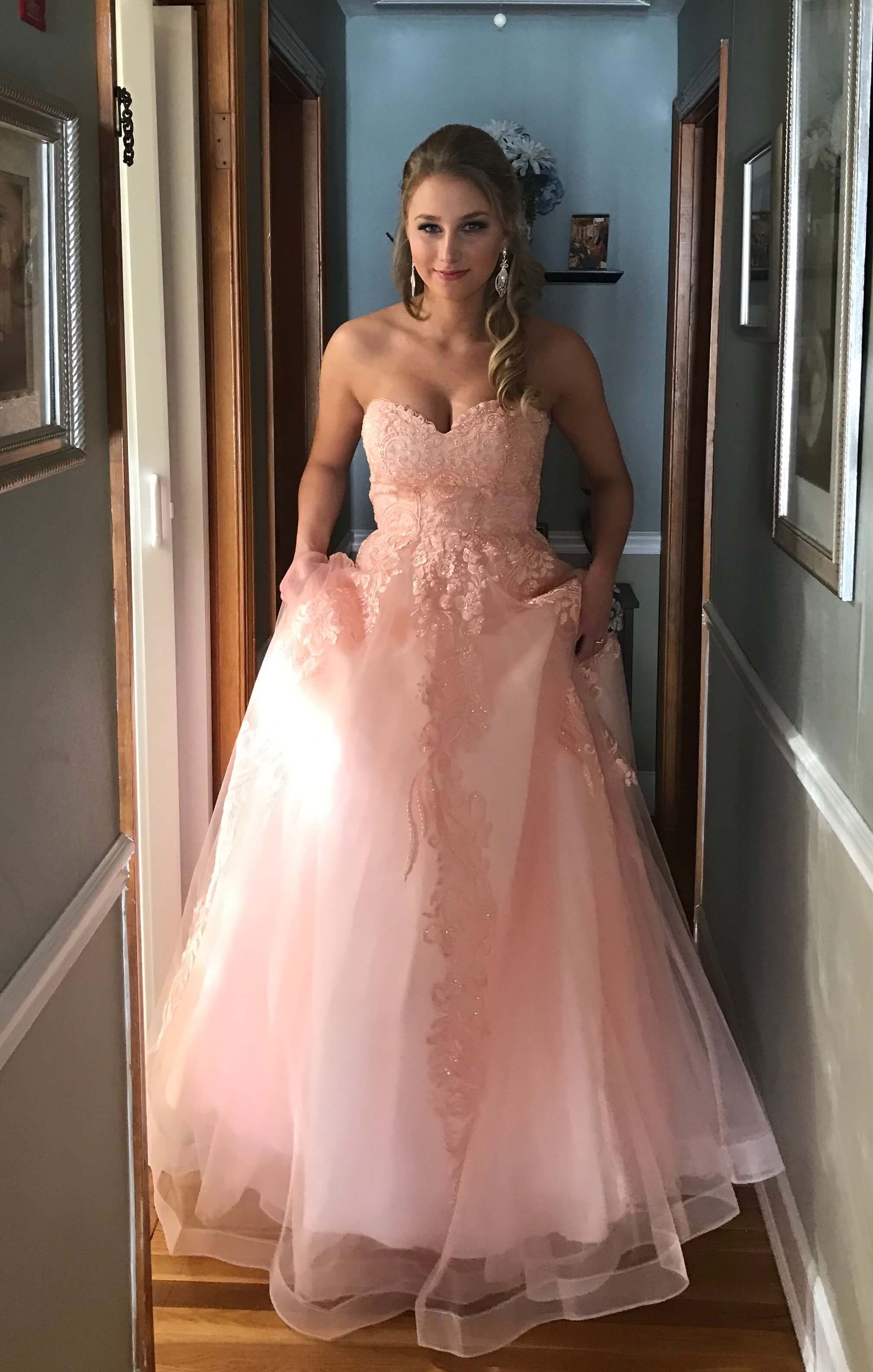Size 2 Prom Strapless Lace Light Pink Ball Gown on Queenly