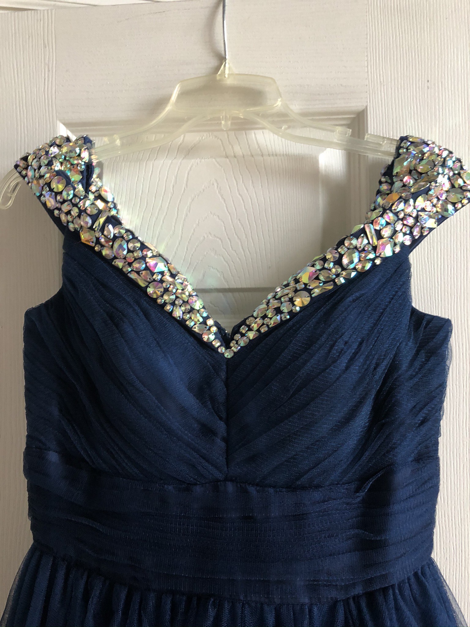 Size 8 Prom Off The Shoulder Sequined Navy Blue A-line Dress on Queenly