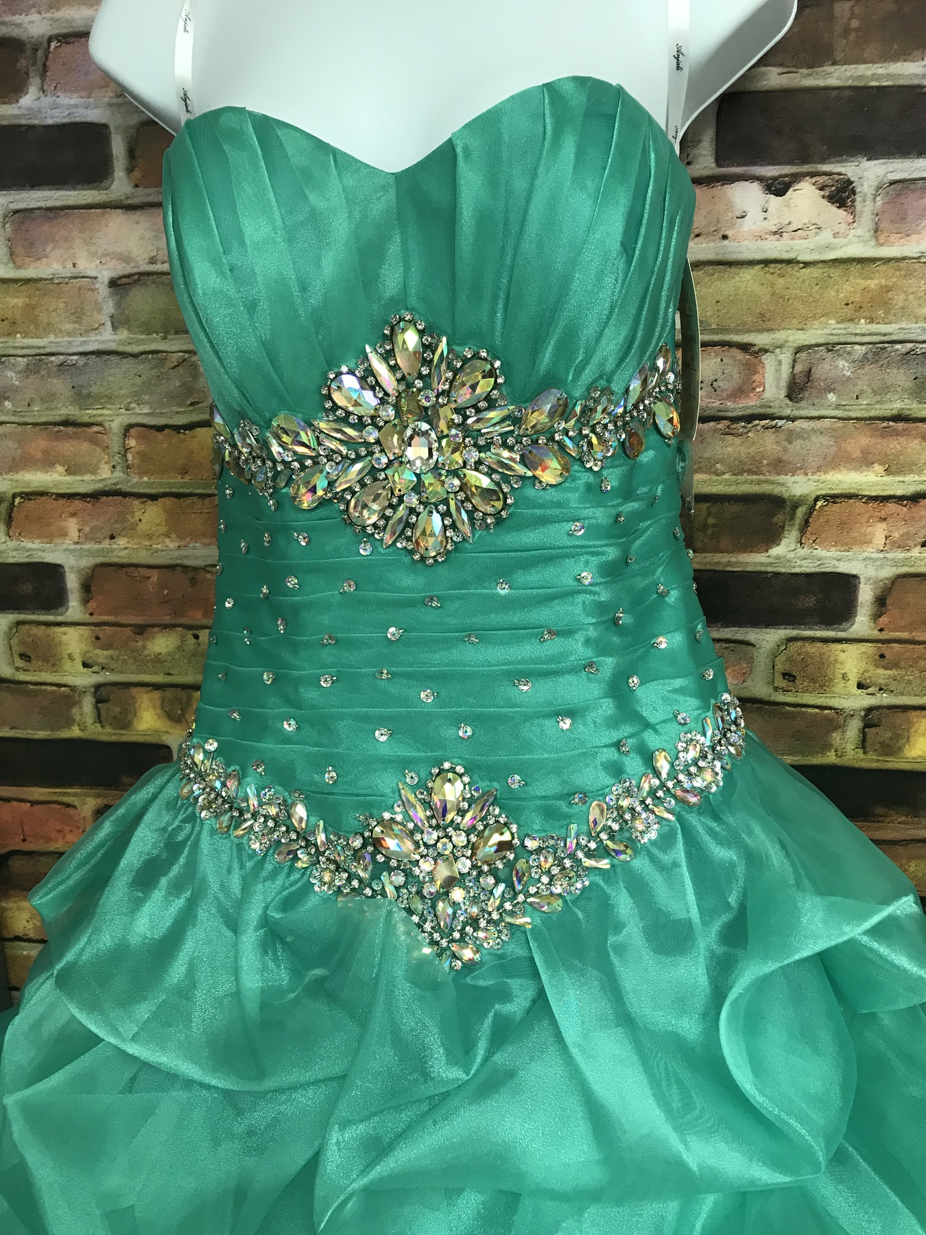 Size 8 Prom Strapless Sequined Green Ball Gown on Queenly