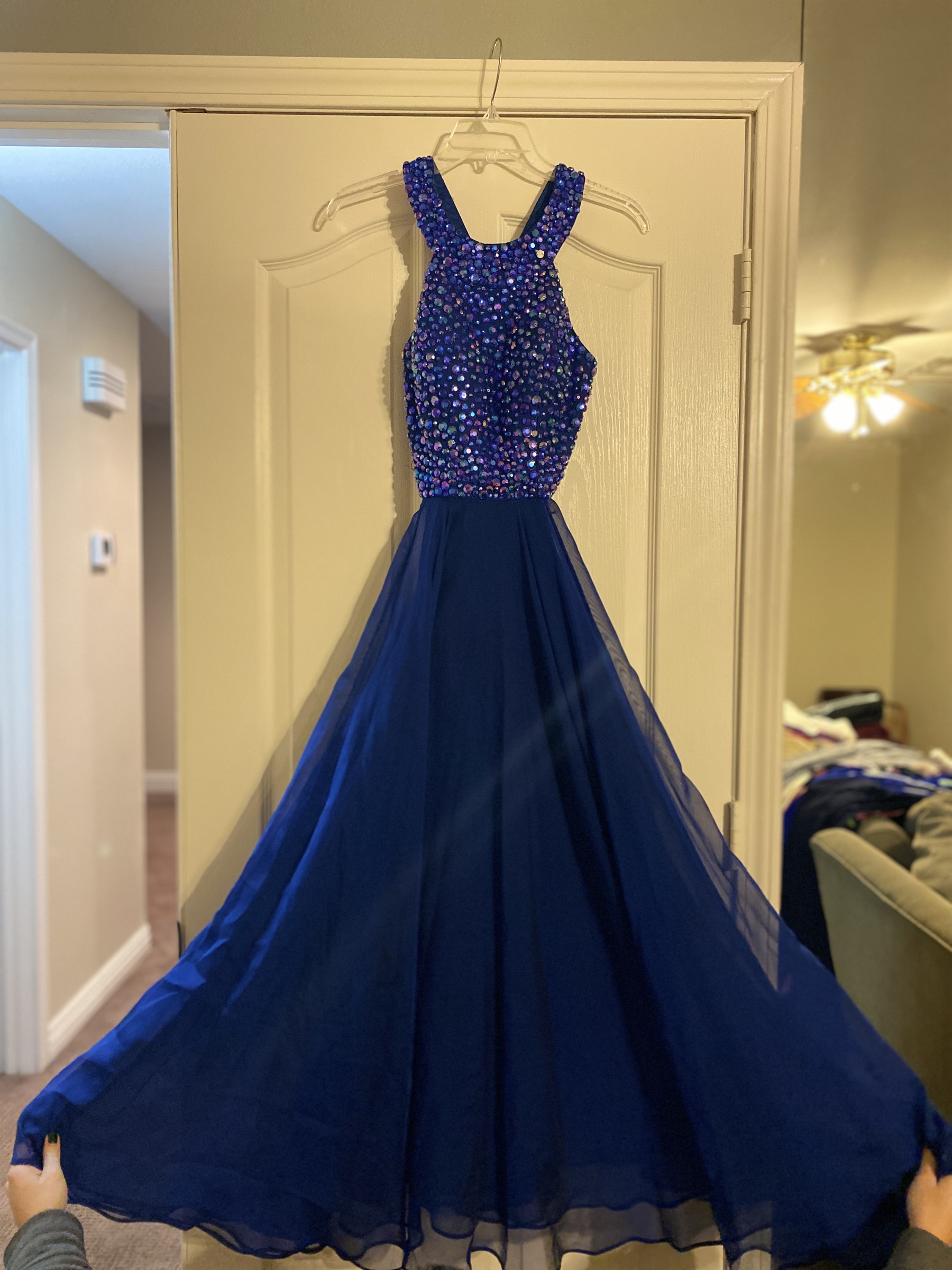 Sherri Hill Size 0 Prom Halter Sequined Royal Blue Floor Length Maxi on Queenly