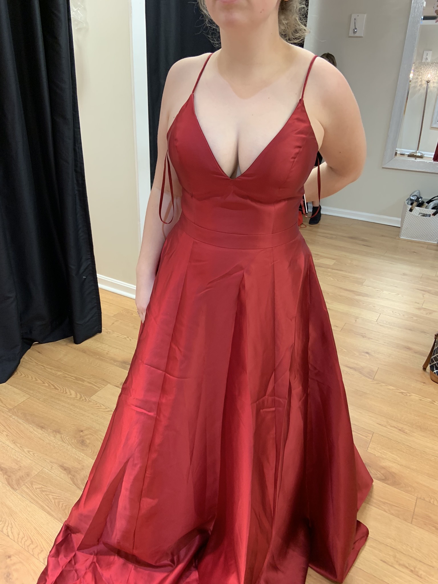 Size 12 Prom Plunge Satin Red A-line Dress on Queenly