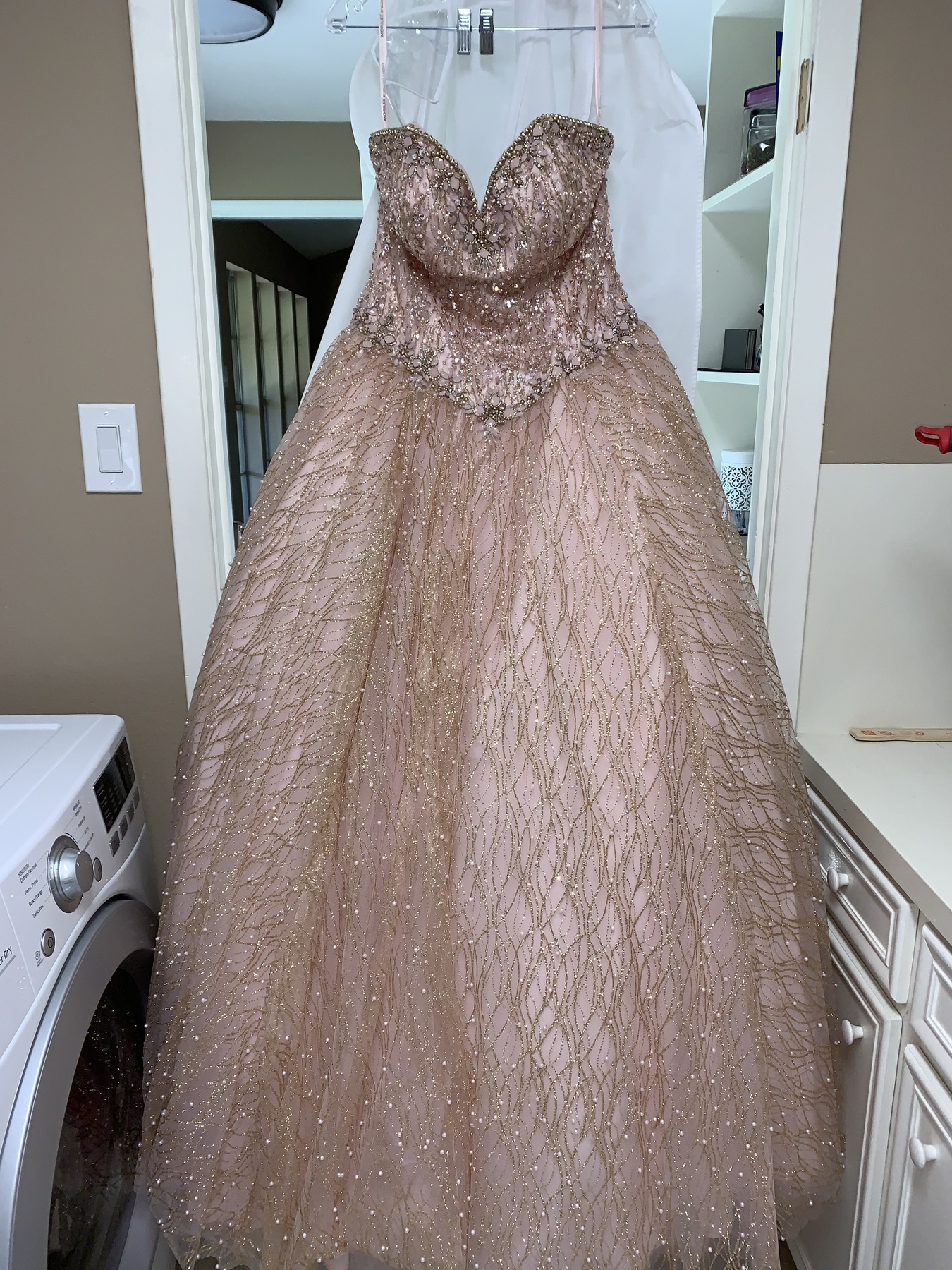 Plus Size 16 Prom Strapless Sequined Nude Ball Gown on Queenly