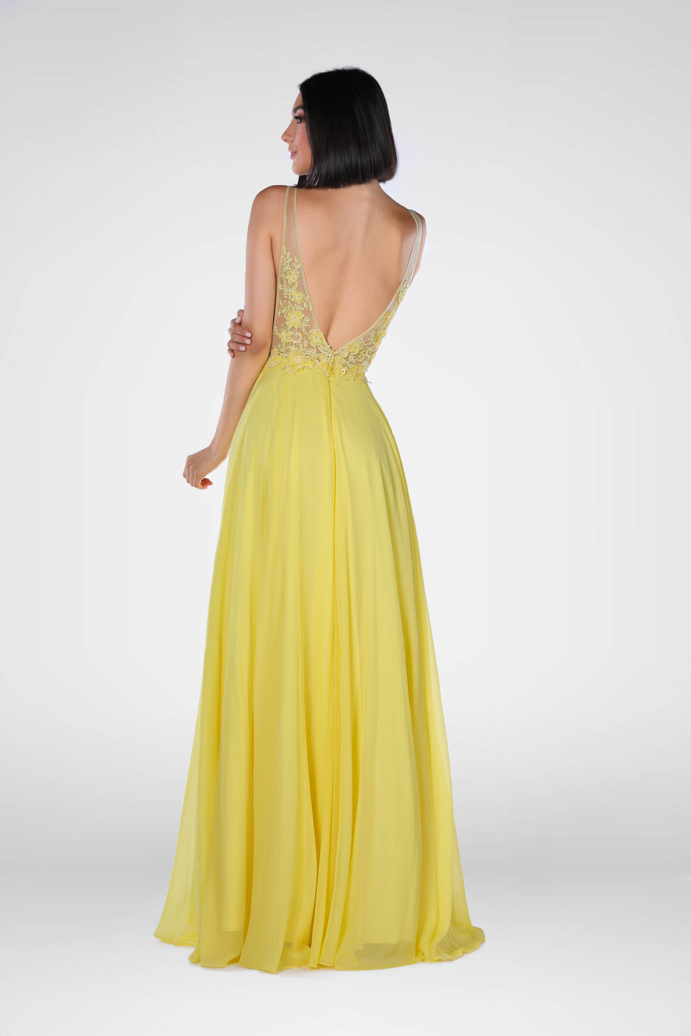 Style 7908 Vienna Yellow Size 6 Sheer Plunge Backless A-line Dress on Queenly