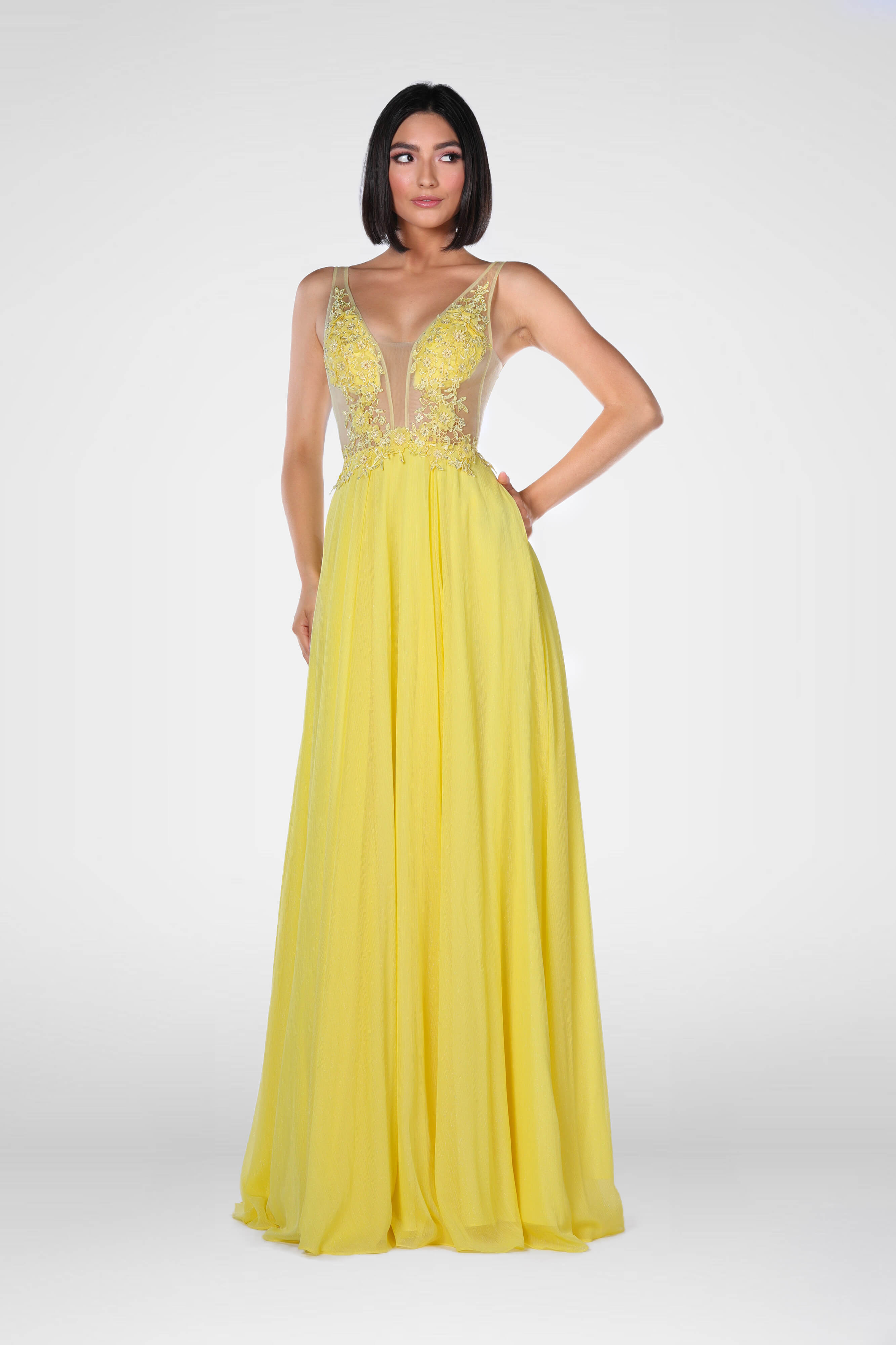 Style 7908 Vienna Yellow Size 6 Sheer Plunge Backless A-line Dress on Queenly