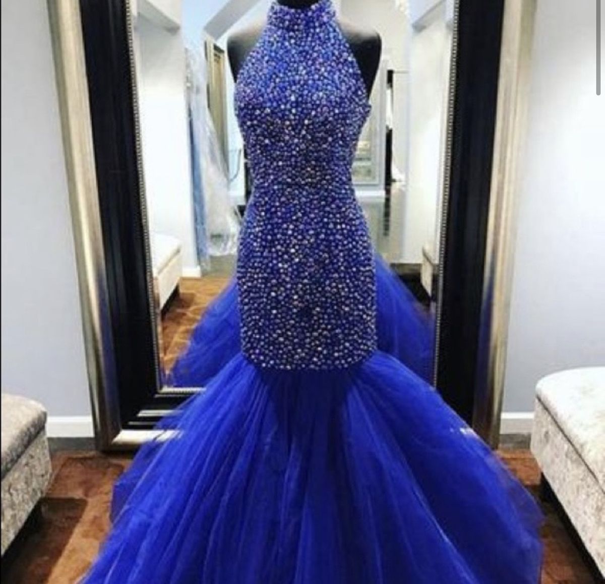 Size 8 Prom High Neck Sequined Royal Blue Mermaid Dress on Queenly