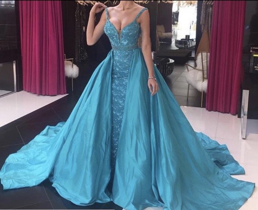 Size 4 Pageant Plunge Lace Light Blue Ball Gown on Queenly