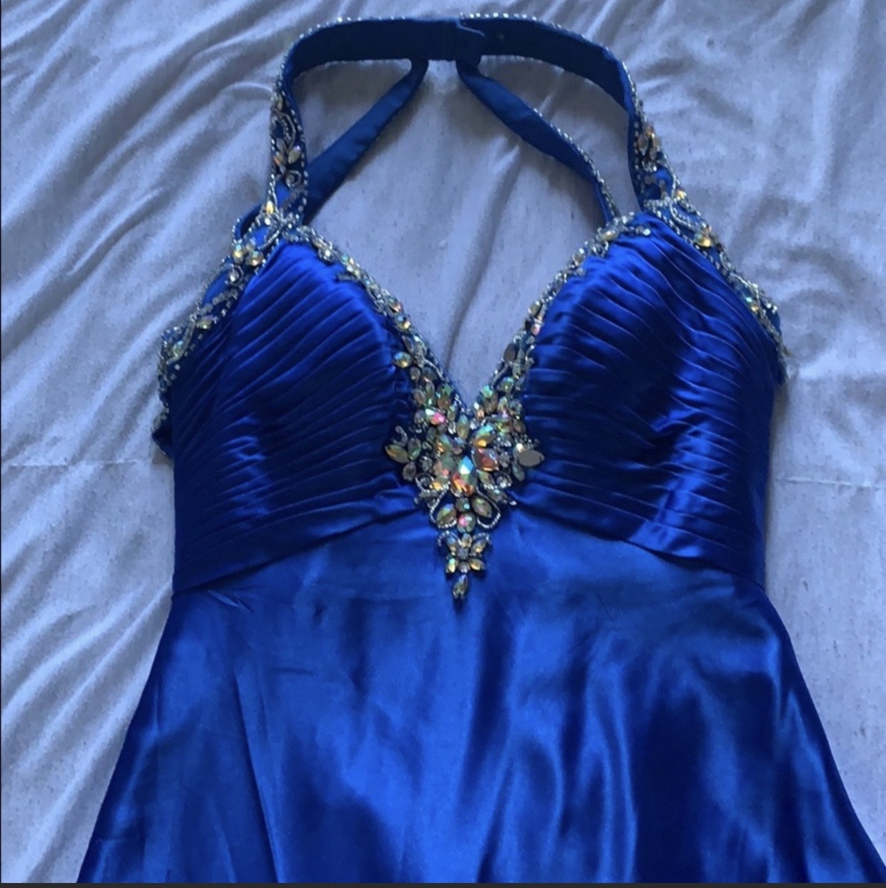 Tony Bowls Size 4 Prom Halter Satin Royal Blue Dress With Train on Queenly