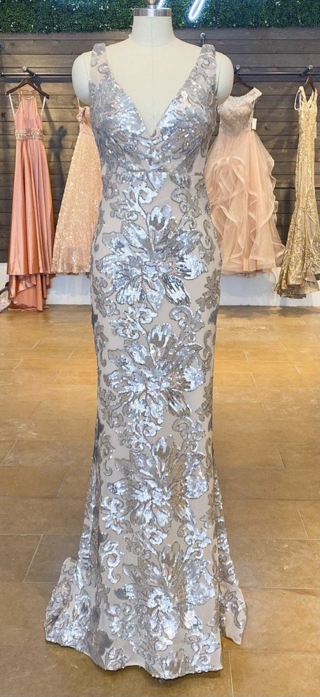 Jovani Size 8 Prom Sheer Silver Dress With Train on Queenly
