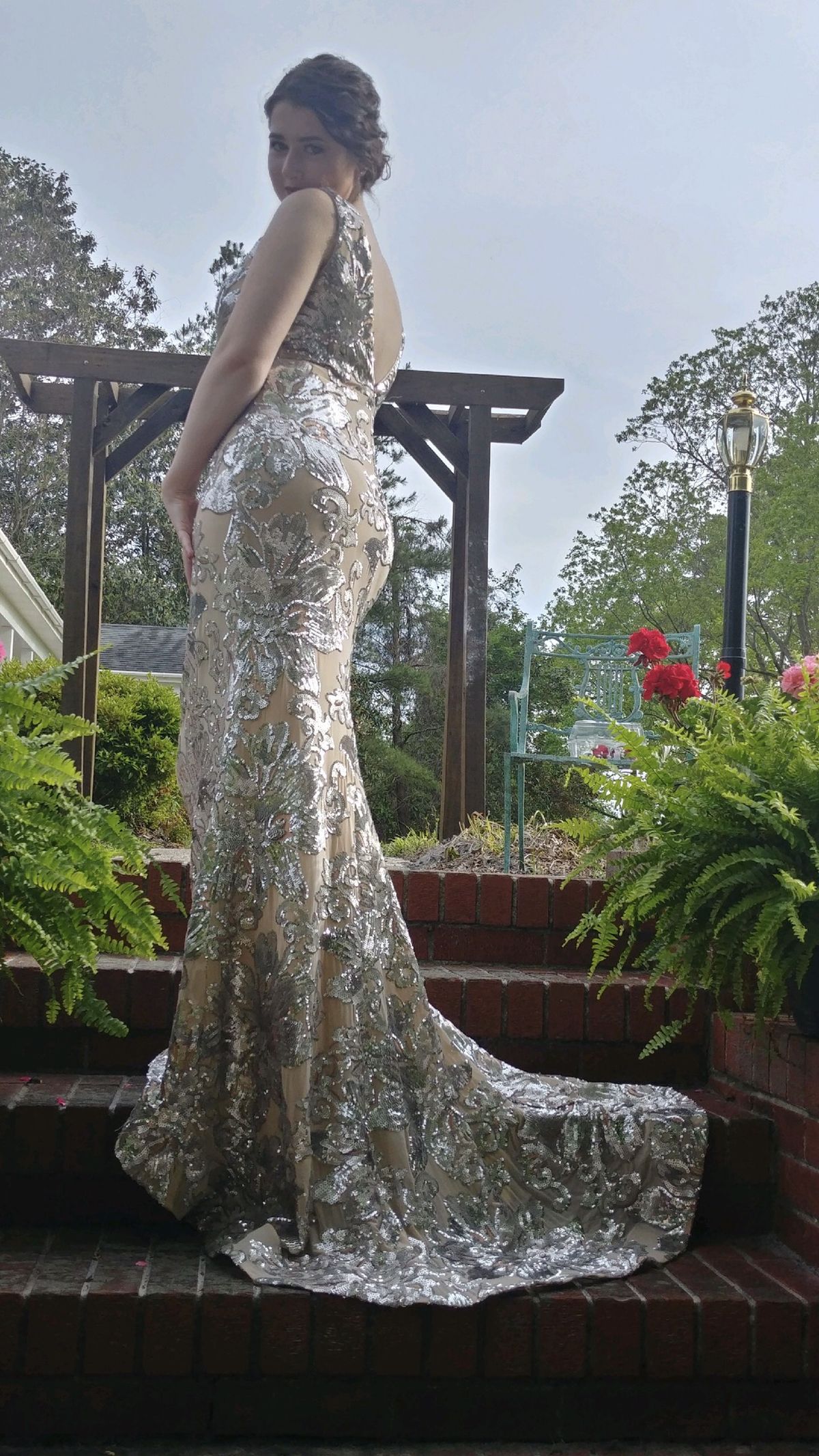 Jovani Size 8 Prom Sheer Silver Dress With Train on Queenly