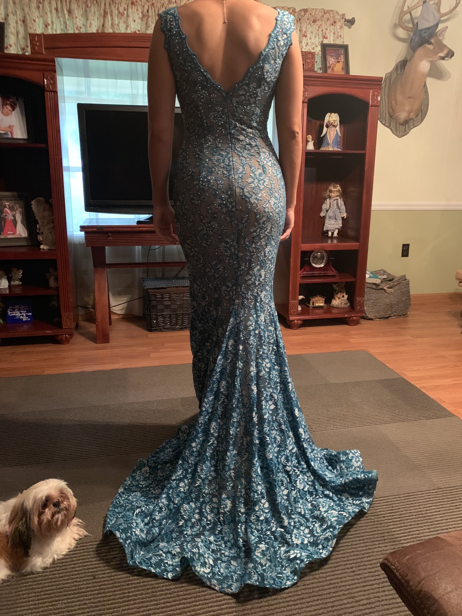 Jovani Size 4 Prom Lace Blue Mermaid Dress on Queenly