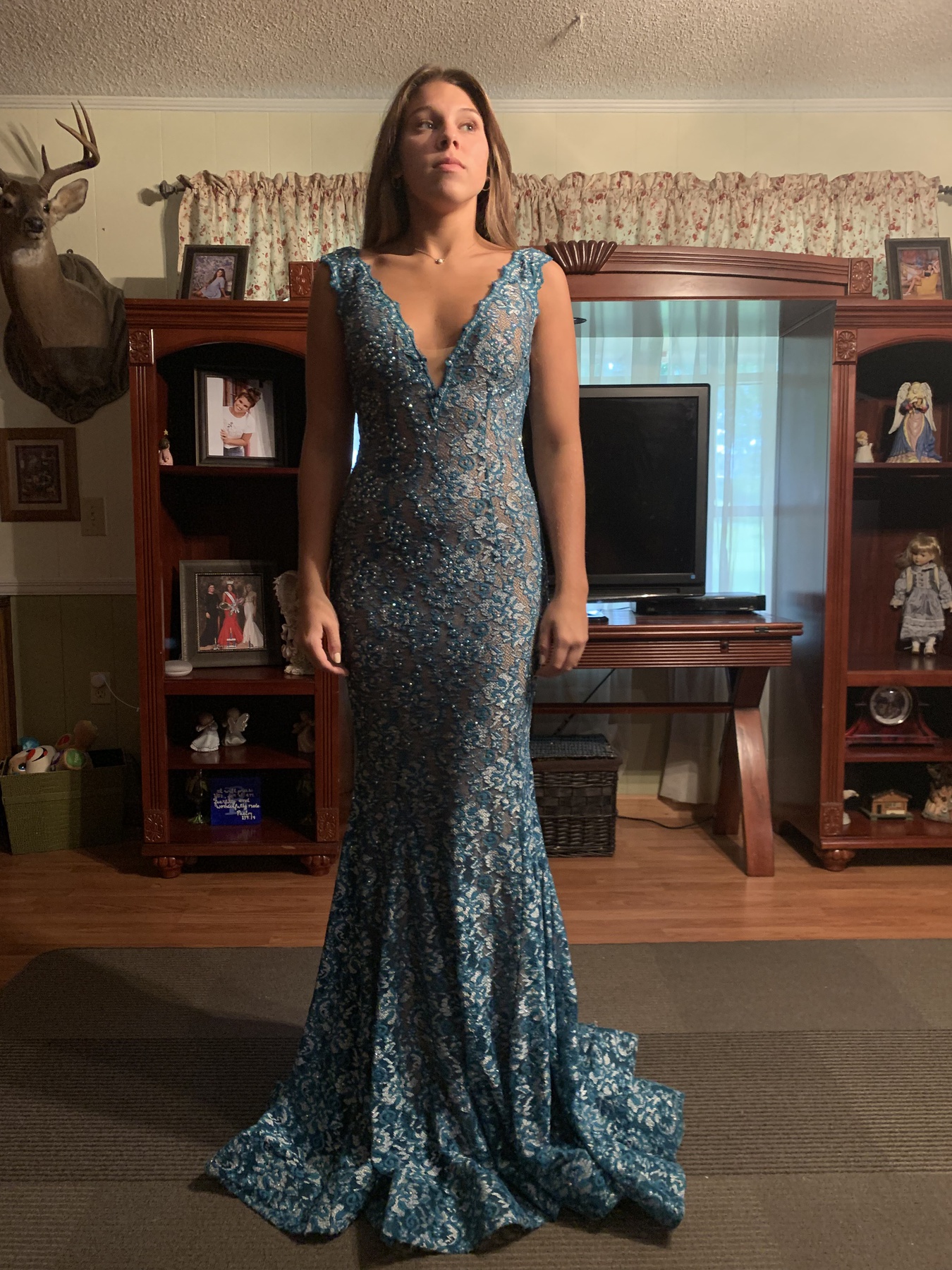 Jovani Size 4 Prom Lace Blue Mermaid Dress on Queenly
