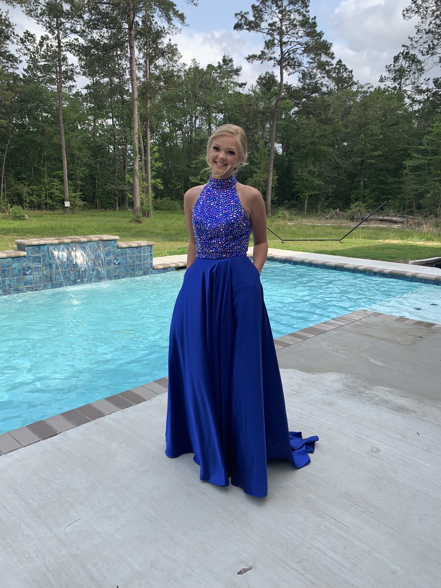 Sherri Hill Size 2 Prom High Neck Sequined Blue Side Slit Dress on Queenly