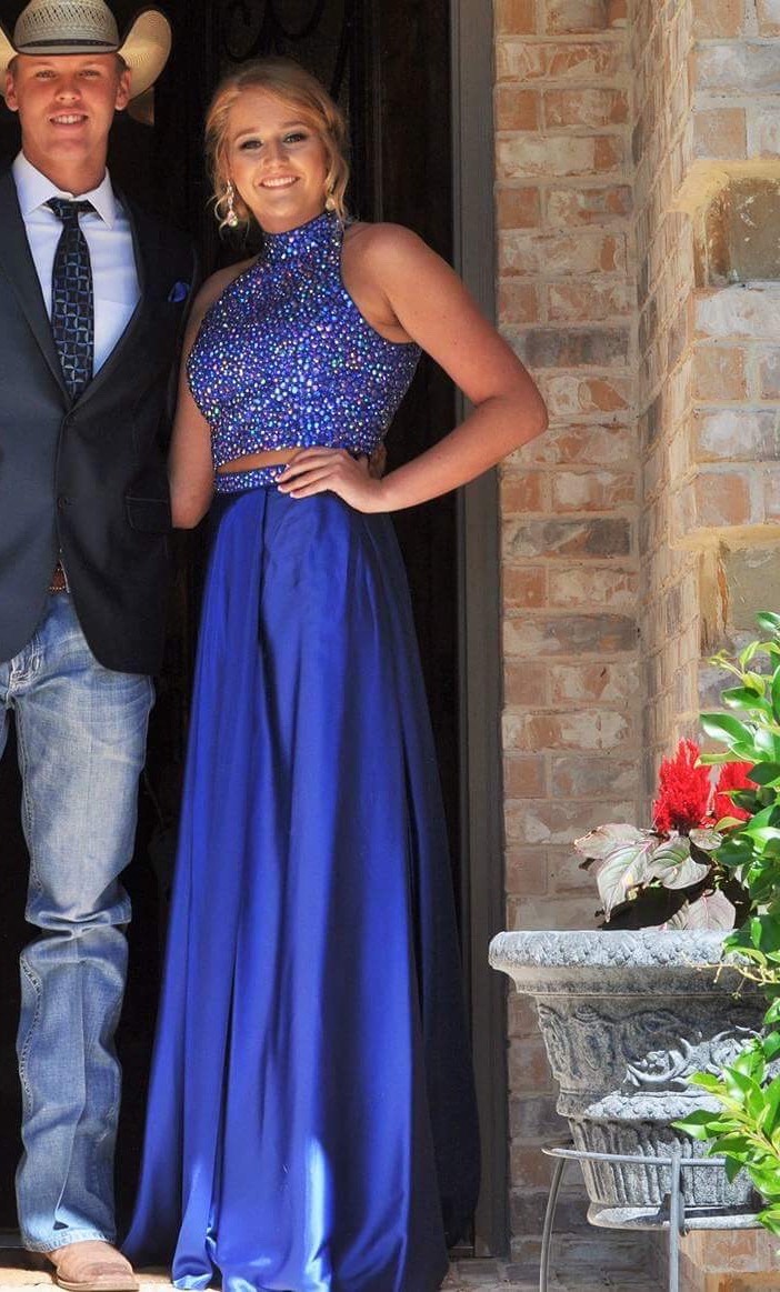 Sherri Hill Blue Size 12 Halter Two Piece Side slit Dress on Queenly