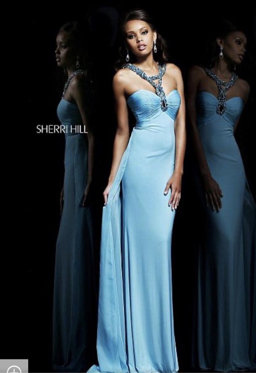 Sherri Hill Size 2 Prom Halter Sequined Turquoise Blue Floor Length Maxi on Queenly