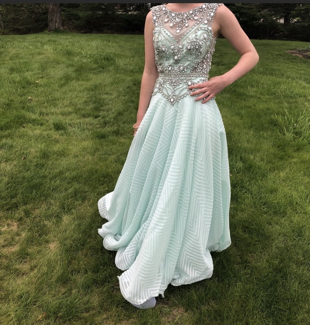 Size 4 Prom Cap Sleeve Sequined Light Green Floor Length Maxi on Queenly
